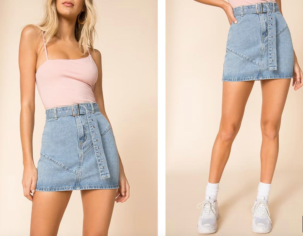Super Down Blue Denim Belted Mini Skirt Light Wash 100% Cotton Y2K Revolve L